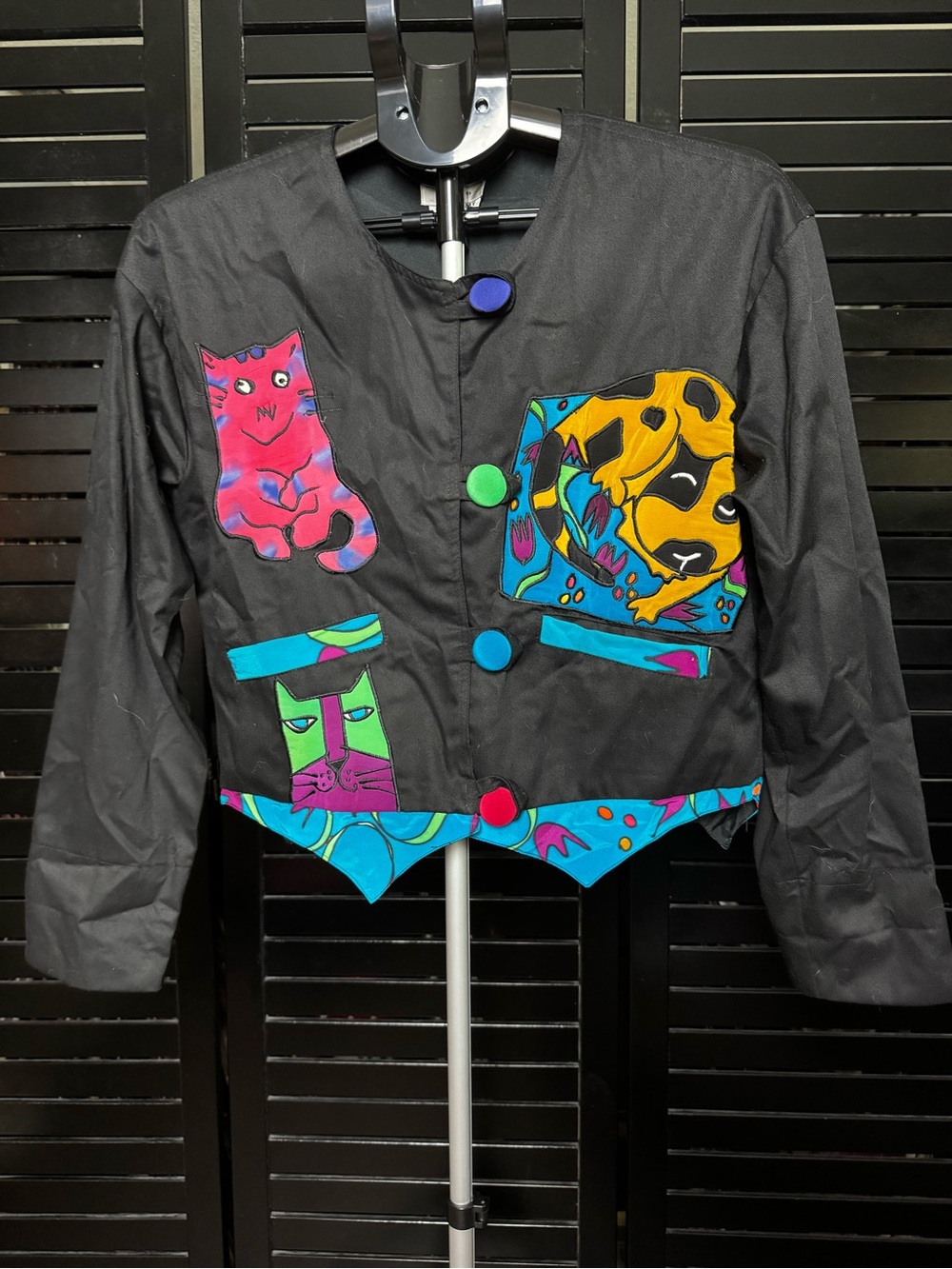 Rare Silkscapes Black Patchwork Cat Print Jacket medium